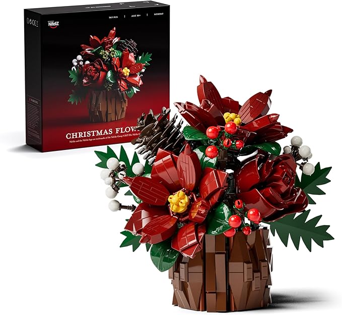 Nifeliz Poinsettia Flowers Building Set, Artificial Poinsettia Floral Arrangement for Adults, Tabletop Flower Decor for Home or Desk Display (767 PCS, NF10347)