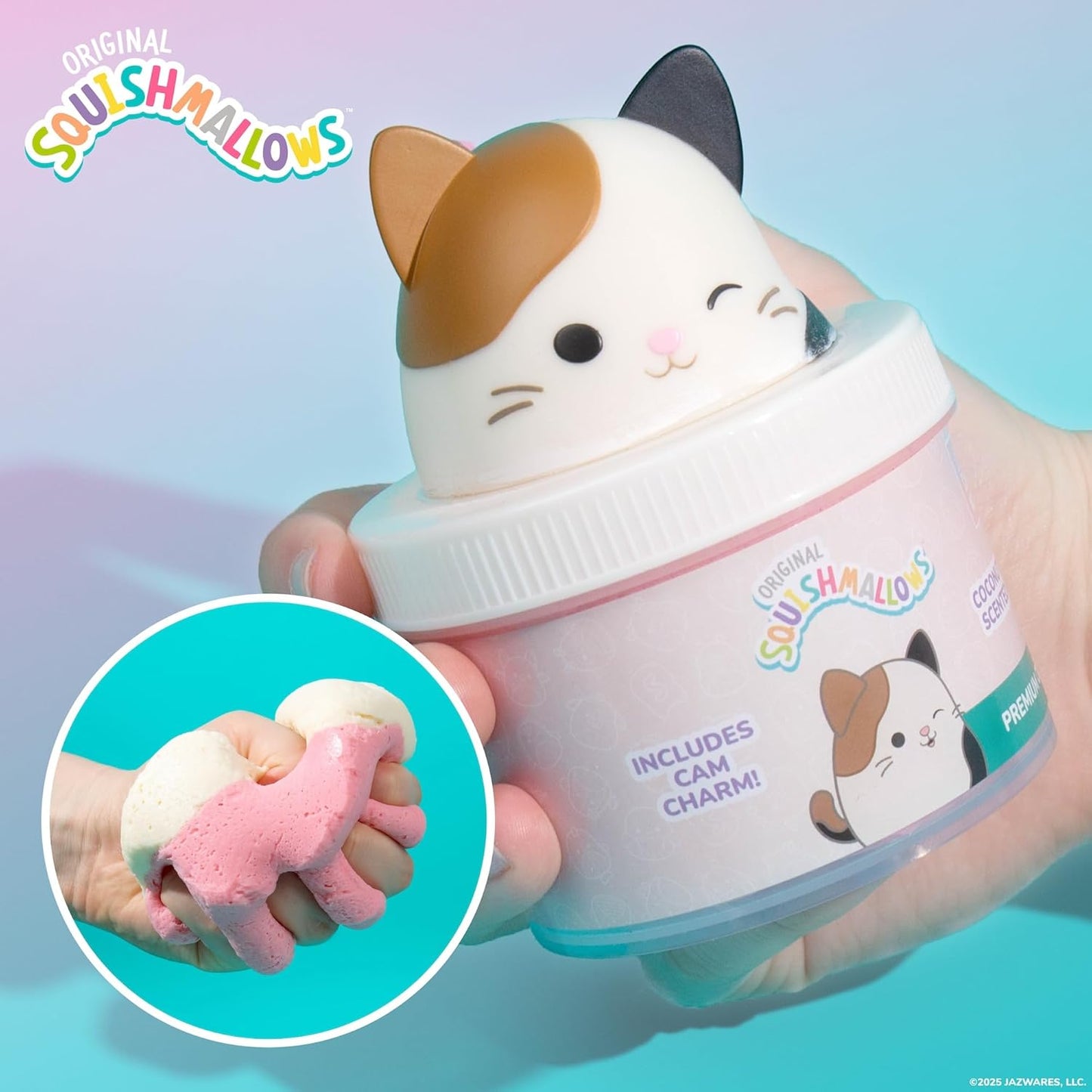 Original Squishmallows Cam The Cat Premium Cloud Slime, Coconut-Scented, 8 oz., Storage Container with Figurine Topper, Rubber Charm, Goodie Bags Stuffers, Kids Party Favors, Sensory Toys