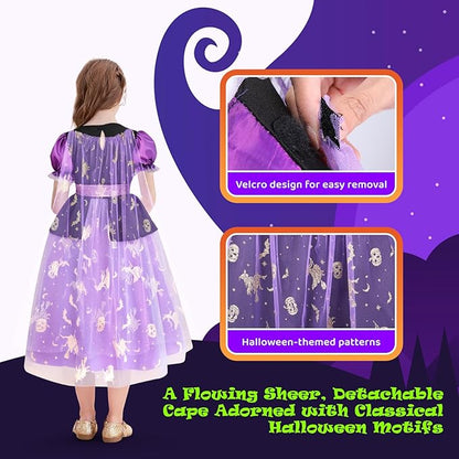 Meland Witch Costume for Girls, Light Up Halloween Costumes for Kids Toddlers 3-10, Witch Dress for Girls Dress Up