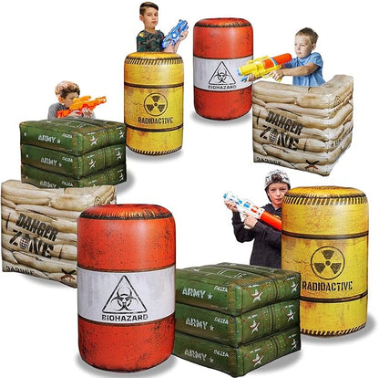 4 Barrels Inflatables, Compatible with Nerf, Laser tag, Birthday Party Activities and Decoration.
