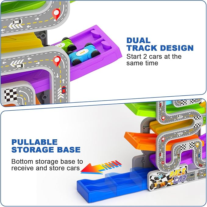aotipol Toddler Toys for 2 3 Year Old Boy Girl, Double-Track Car Ramp Toy with Pull-Out Parking Lots & 10 Mini Cars, Montessori Toy Birthday Gift for Toddlers Boys Girls Age 18+ Month Old, New Track