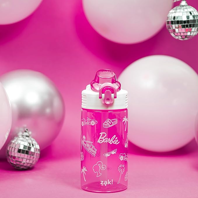 Zak Designs Barbie Sage Water Bottle For School or Travel, 16oz Durable Plastic Water Bottle With Straw, Handle, and Leak-Proof, Pop-Up Spout Cover (Barbie)