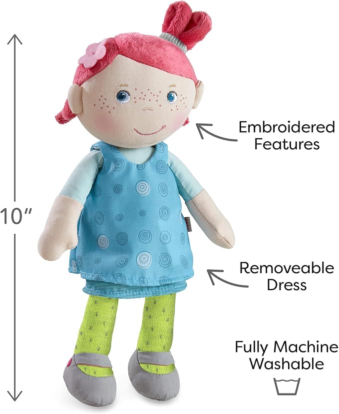 HABA Snug Up Philine - 10" Soft Doll with Embroidered Face, Pink Pigtail and Removable Blue Dress - Machine Washable - Perfect First Doll and Stuffed Cuddle Companion for 18 Months and Up