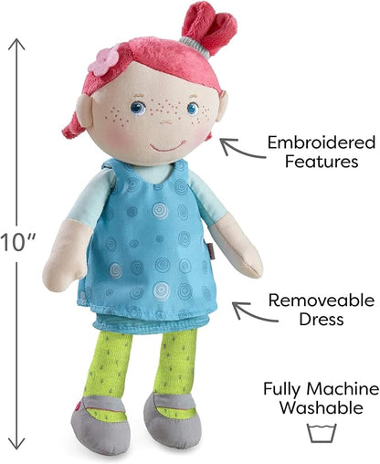 HABA Snug Up Philine - 10" Soft Doll with Embroidered Face, Pink Pigtail and Removable Blue Dress - Machine Washable - Perfect First Doll and Stuffed Cuddle Companion for 18 Months and Up