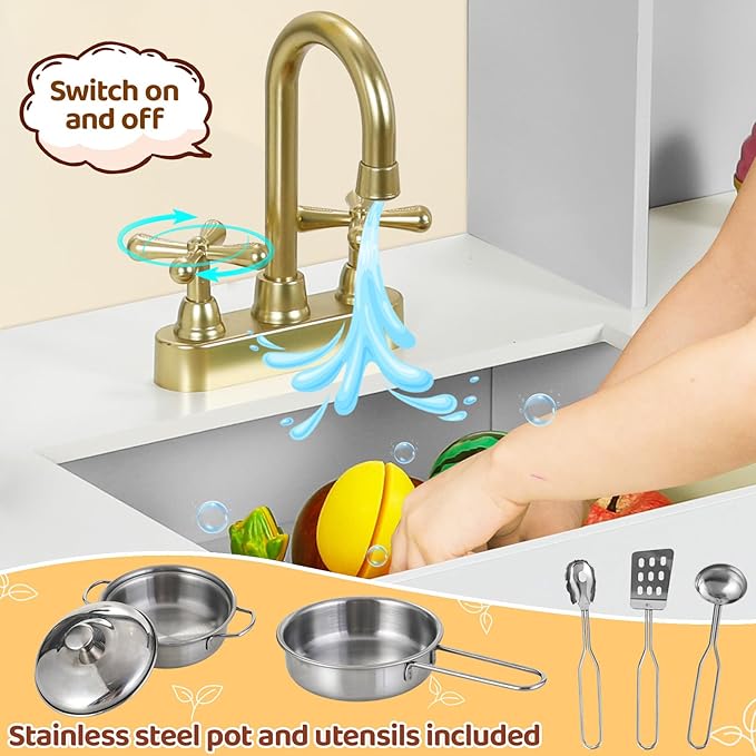 MAMIZO Kids Play Kitchen, Wooden Pretend Toy Kitchen, Large Toodler Cooking Playset, Stove and Water Dispenser w/Sound & Light, Sink, Microwave, Curtain, Modern Home Style for Ages 3+ (Gray)