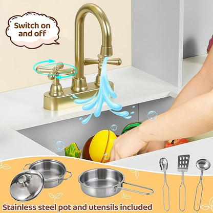 MAMIZO Kids Play Kitchen, Wooden Pretend Toy Kitchen, Large Toodler Cooking Playset, Stove and Water Dispenser w/Sound & Light, Sink, Microwave, Curtain, Modern Home Style for Ages 3+ (Gray)