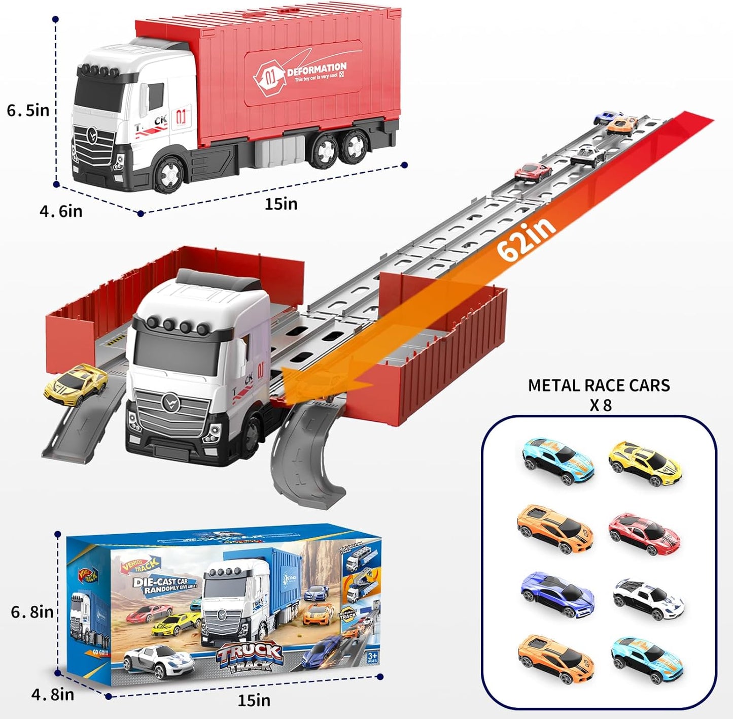 Transformable Truck & 3 Layer Race Track Playset, 62 inch Spring-Powered Track Toddlers Toys with 8 Cars & Parking Garage, Toy Trucks for Kids Ages 3-6, Birthday & Xmas Gifts for Boys Girls