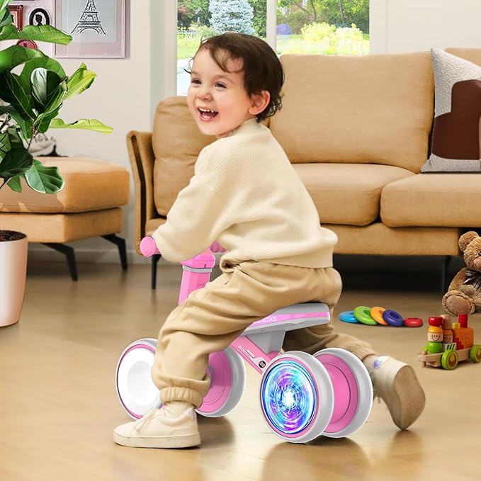 Colorful Lighting Baby Balance Bike Toys for 1 Year Old Girls Gifts, Toddler First Bike 12-24 Months with Adjustable and Cushioned Seat, 4 Quiet Wheels Ride-On Toy, Perfect First Birthday Gift
