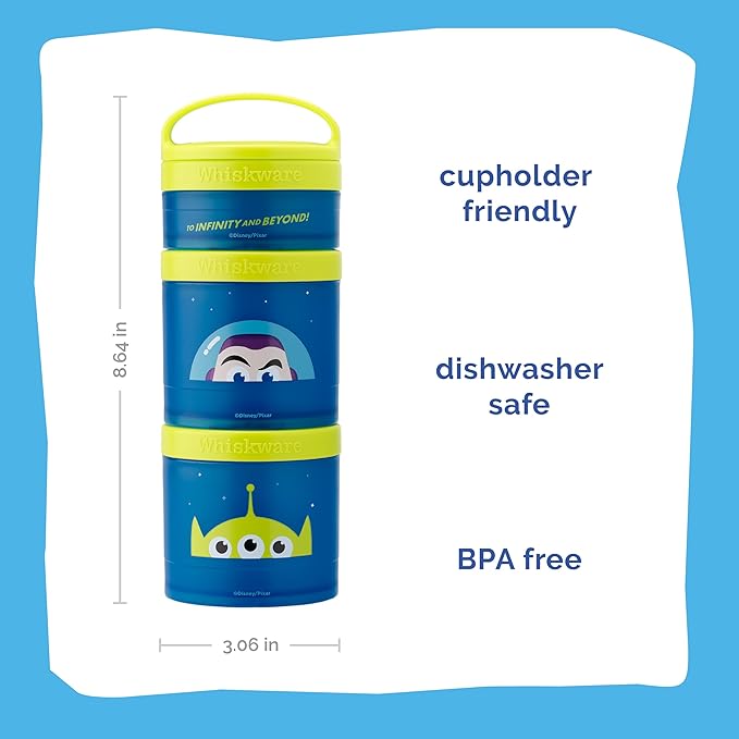 Whiskware Disney Pixar Stackable Polypropylene Snack Containers for Kids and Toddlers, 3 Stackable Snack Cups for School and Travel, Toy Story Buzz Lightyear