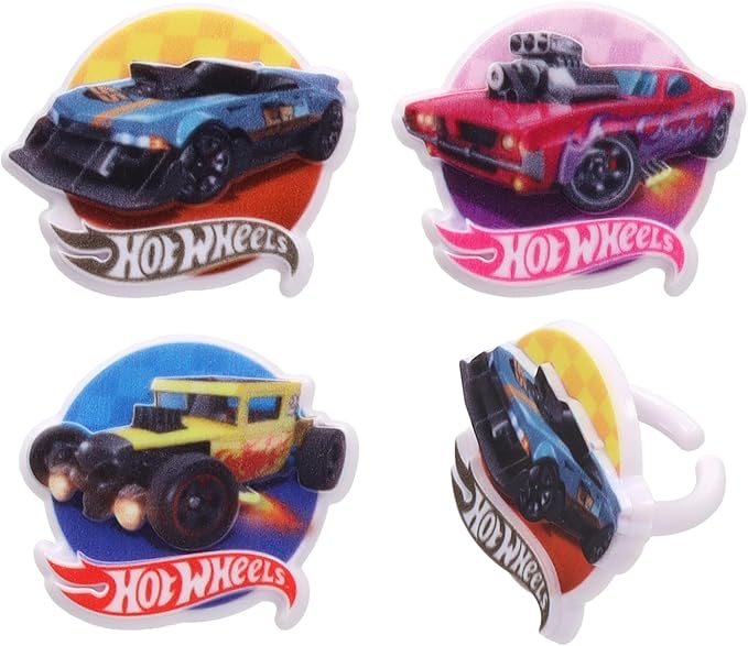 Hot Wheels™ Rings | 24 Epic Stunt Cupcake Toppers | DecoPac Hot Wheels Cars Cake Decorations, Multi-colored, Food Safe & Ready To Use - 24 Pack