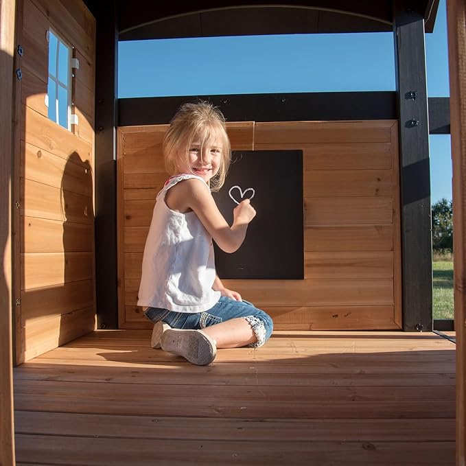 Backyard Discovery Canyon Creek Cedar Wood Swing Set with Wave Slide, Clubhouse, Play Kitchen, Picnic Area, Belt Swings, Web Swing, Rock Wall, Balconies, Playhouse, Step Ladder, Outdoor Playset