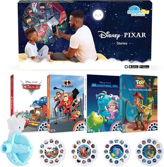 Moonlite Storytime Mini Projector with 4 Pixar Stories, A Magical Way to Read Together, Digital Storybooks, Fun Sound Effects - Toy Story, Cars, Incredibles, Monsters Inc - Gifts for Kids Age 1 and Up
