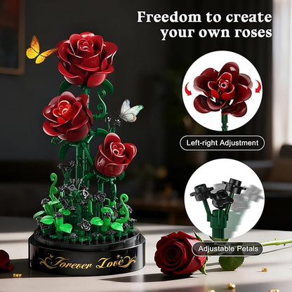 Flower Building Set with LED Light - 241 PCS Burgundy Red Rose Building Blocks Kit with Cover, Valentine's Day Gift for Her Grilfriend Wife 3.6MM Mini Botanical Collection Block Toy Home Decor