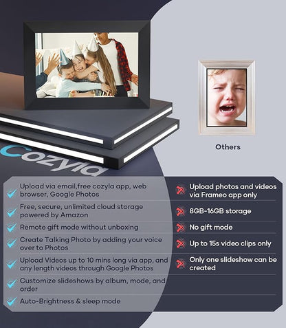 Cozyla 10.1'' WiFi Digital Picture Frame AI-Enhanced Free Unlimited Storage Auto-Rotate Share Photo＆Video via Apps from Phone Smart Digital Photo Frame Electric Picture Frame Slideshow Display Black