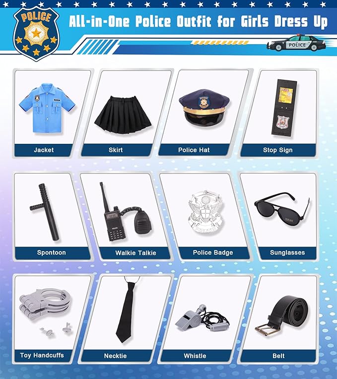 Meland Police Costume for Girls - Girl Dress Up clothes with Skirts for Halloween Role Play