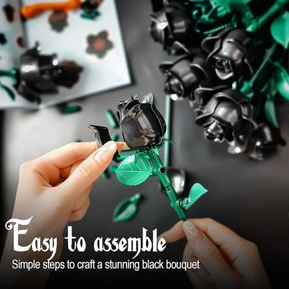 Black Roses Flower Building Set-12Pack, Compatible with Lego Bouquet for Adults,Gothic Horror Flowers Botanical, Gift for Halloween & Valentines Compatible with Lego Roses(585pcs)