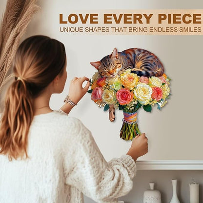Cat Flower Bouquet Puzzles Adults Gifts Wooden 150 Pieces 11.4 * 10.3in