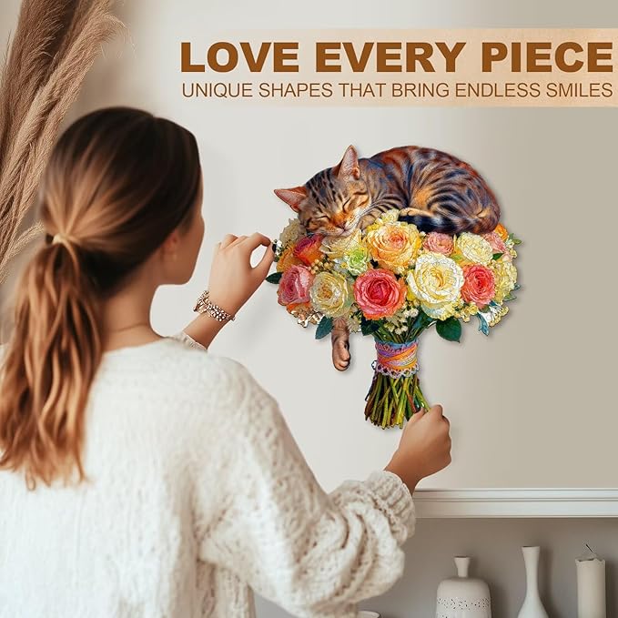 Cat Flower Bouquet Puzzles Adults Gifts Wooden 80 Pieces 8.5 * 7.6in