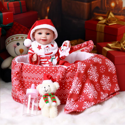 BABESIDE 9 Pcs Christmas Baby Doll Clothes with Bassinet for 10-11-12 Inch Babydolls, Baby Doll Accessories and Dolls Clothes fit Small Baby Dolls Girl, Babies Pretend Play Set