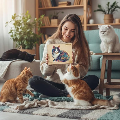 Lazy Cute Cat Wooden Puzzles, Unique Animal Shape Wood Puzzle, Jigsaw Puzzles for Adults Christmas Thanksgiving Gifts for Cat Lovers Friends Family, 95 Pieces 8.5x7.7in