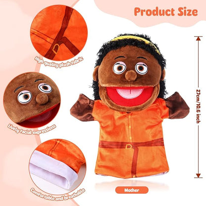 1 Pcs Family Hand Puppets 12 Inch Grandparents, Mom & Dad, Brother & Sister Plush Hand Puppet Toys Role-Play Toy Puppets for Kids Storytelling Imaginative Pretend Play Teaching Preschool(Black Mom)