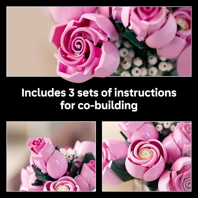 LEGO Botanicals Bouquet of Pink Roses Artificial Flowers - Building Blocks for Adults, Ages 18+ - Gift for Valentines Day for Her - Flowers for Home Office, Shelf or Room Decor - 10374