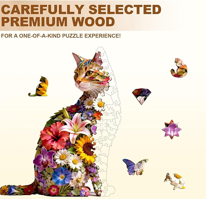 Floral cat Puzzles Adults Gifts Wooden 65 Pieces 8.5 * 6.9in