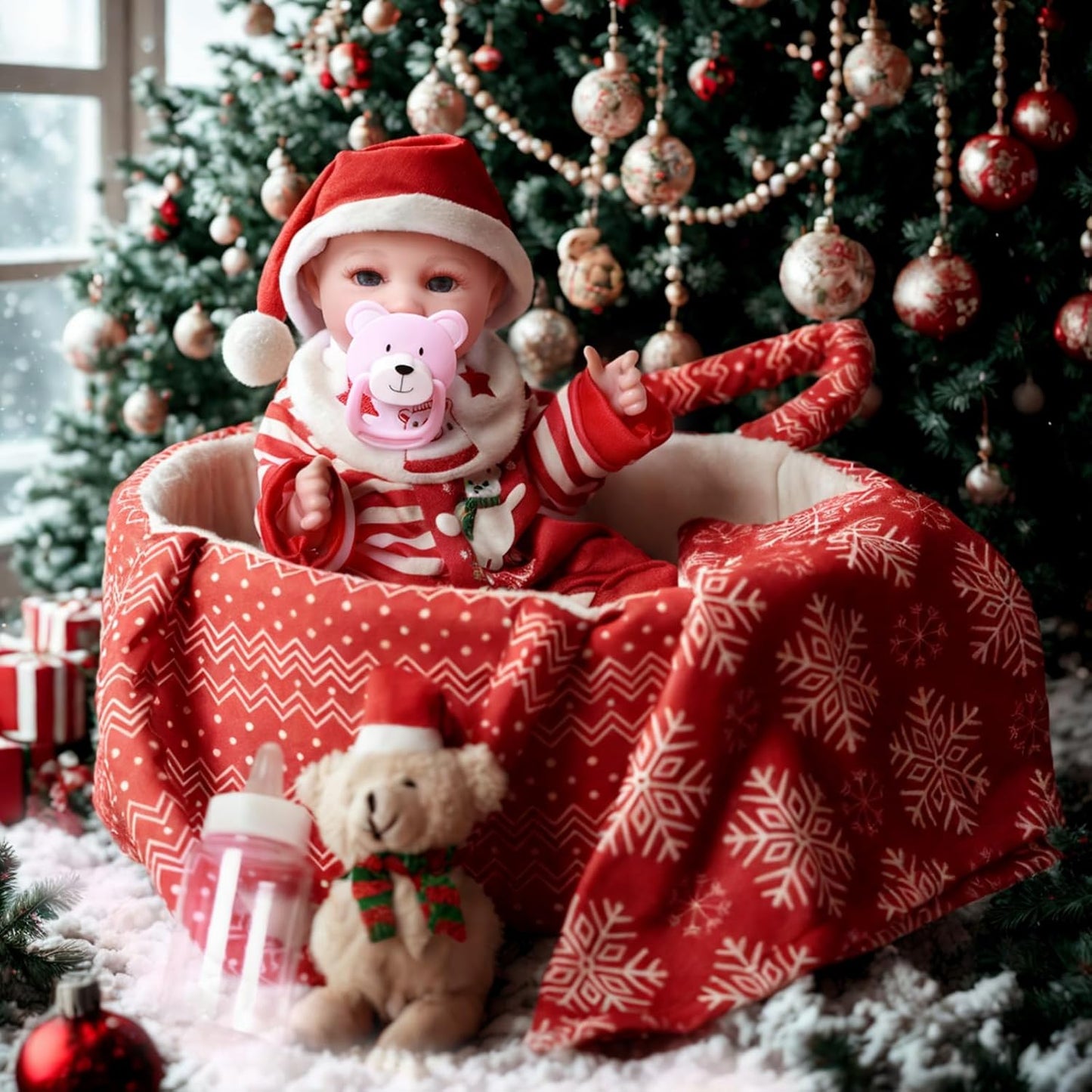 BABESIDE 9 Pcs Christmas Baby Doll Clothes with Bassinet for 10-11-12 Inch Babydolls, Baby Doll Accessories and Dolls Clothes fit Small Baby Dolls Girl, Babies Pretend Play Set