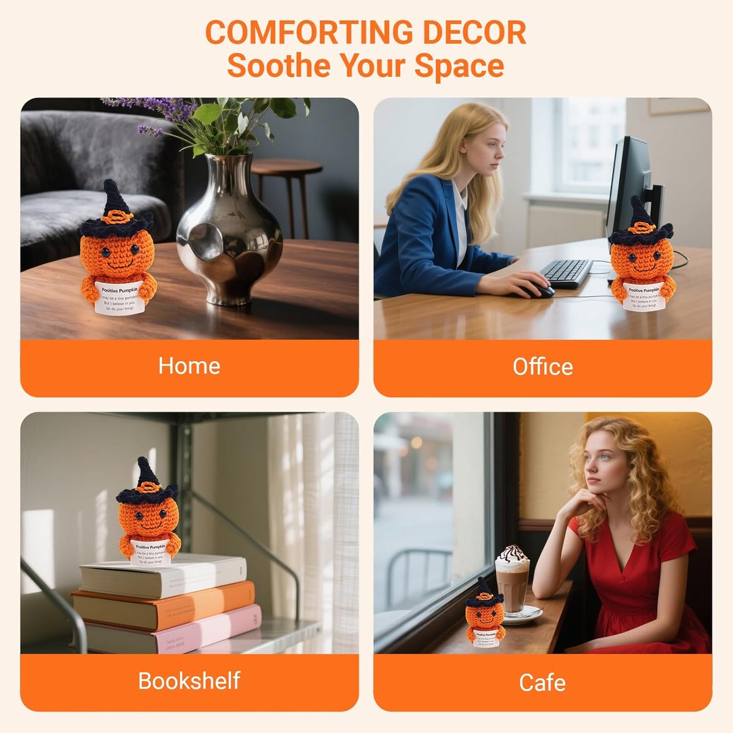 Handmade Crochet Pumpkin Plush with Inspirational Card - Cute Halloween & Thanksgiving Decor, Emotional Support Gift for Women & Men, Autumn Desk Decoration, Positive Office & Home Desktop Ornament