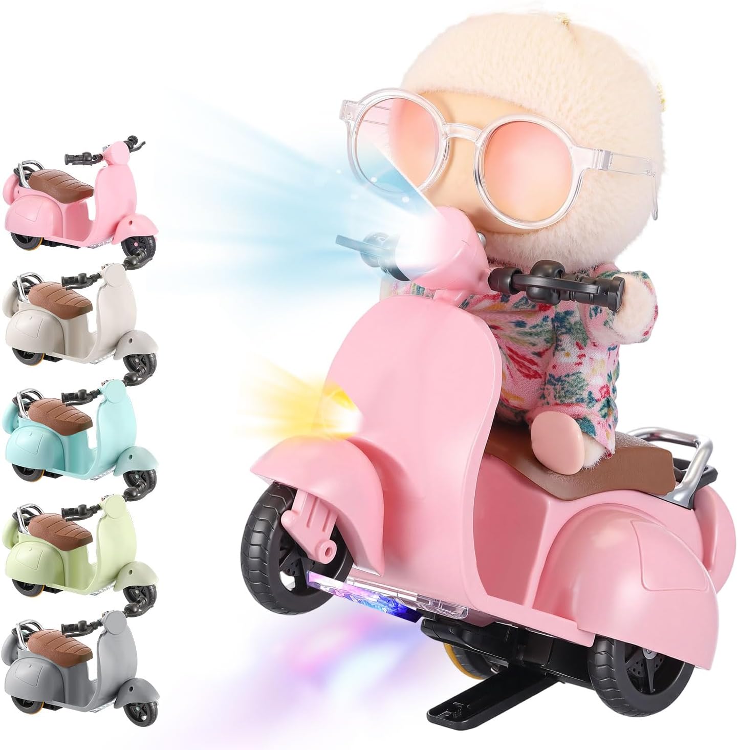 1 Pcs Doll Scooter Doll Vehicles Mini Electric Scooter Toy with Music & Lights Could Rotate 360° Dolls Accessories Cute Scooters Toy Ornaments Battery Not Included (Pink)