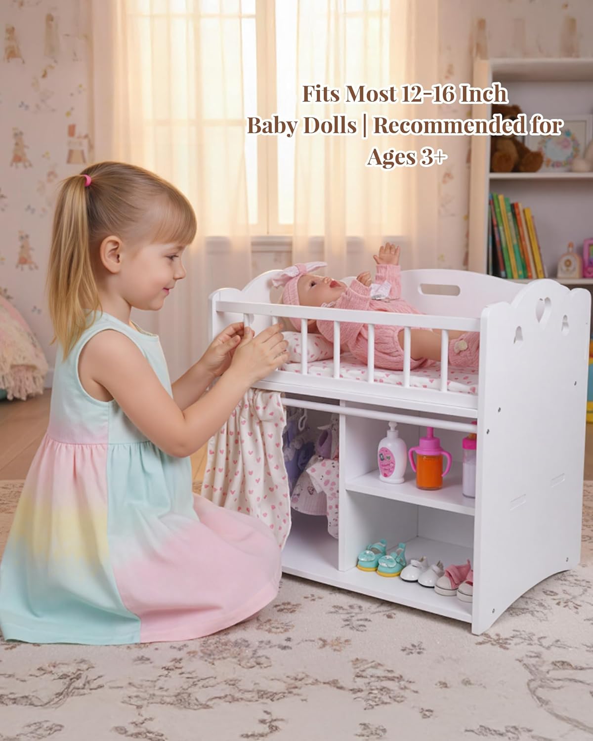 BABESIDE Baby Doll Crib & Bed with Storage, Bedding, and Accessories – Realistic Wooden Doll Bed for 12-16 Inch Baby Dolls, Perfect Baby Doll Accessories Gift for Kids Age 3+