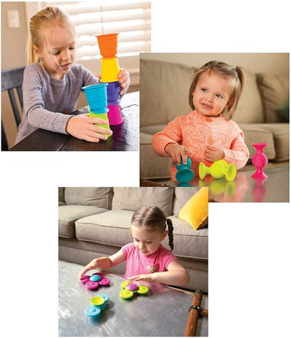 Fat Brain Toys Pipsquigz Whirly-Squigz Suction-Kupz Set - 12 Piece Early Learner Toys - 6 Suction Kupz Stacking Toys, 3 PipSquigz, 3 Whirly Squigz Spinners in Zippered Storage Case - BPA-Free Silicone