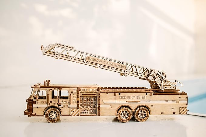 Wood Trick Rescue Firetruck Movable - Rotating Extendable Ladder - 3D Wooden Puzzles for Adults to Build - Rides up to 20 ft - Wooden Models Engineering DIY Project Mechanical Model Kit