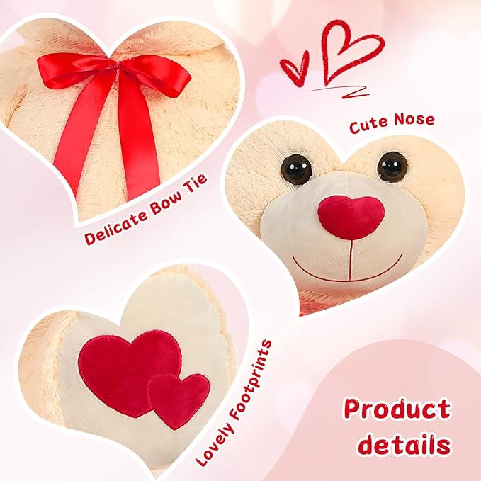 Tezituor Giant Teddy Bear Stuffed Animal 4ft - Big Teddy Bear with Love Red Heart - Large Stuffed Bear Plush Toys for Kid Christmas Birthday - Valentines Bear Gift for Girlfriend, Cream