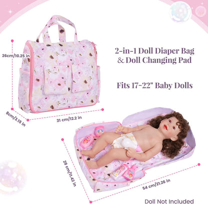 BABESIDE 10 Pcs Baby Doll Diaper Bag Set, Reborn Baby Doll Accessories Set with 2-in-1 Diaper Bag Changing Pad and Baby Dolls Bath Set for Kids Pretend Play Toys, Pink