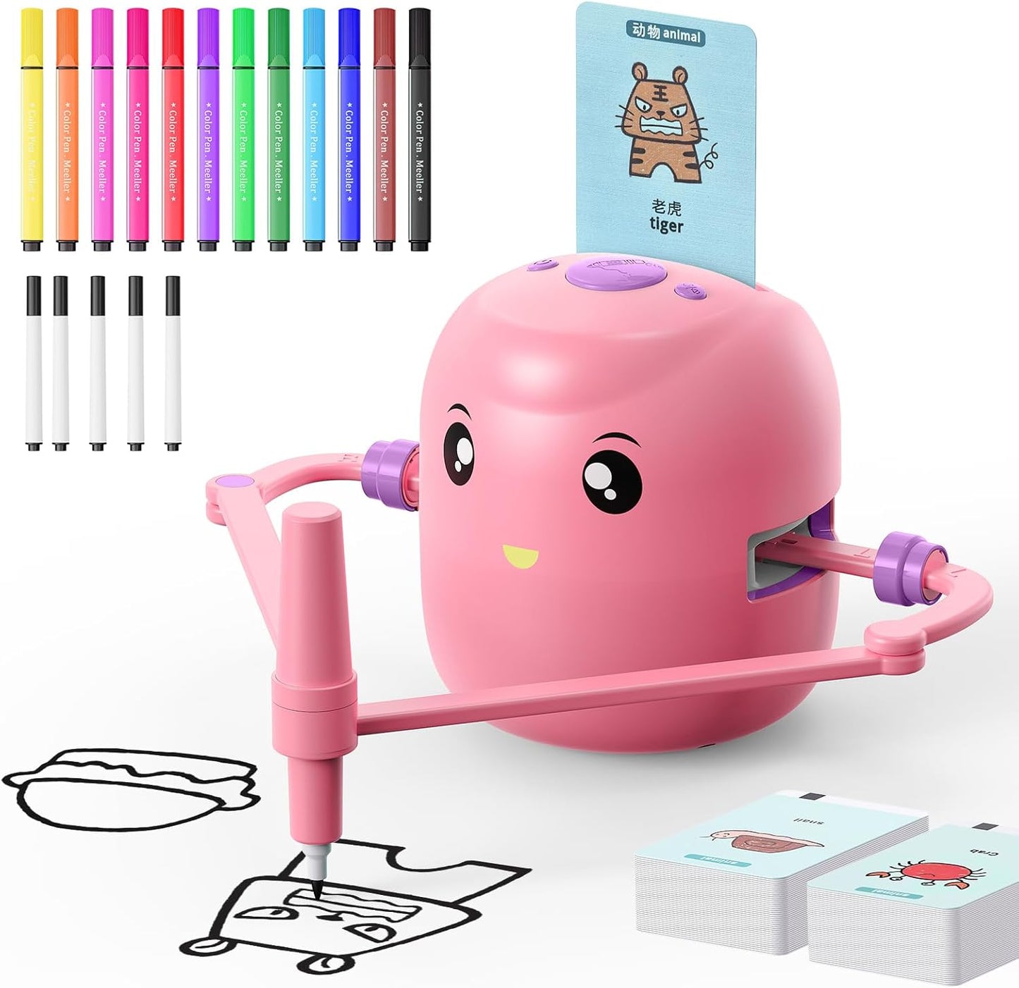 Interactive Educational Drawing Robot for Kids - Montessori Learning Toy with 150 Word Cards, Voice Interaction, Ages 5+ (Pink)