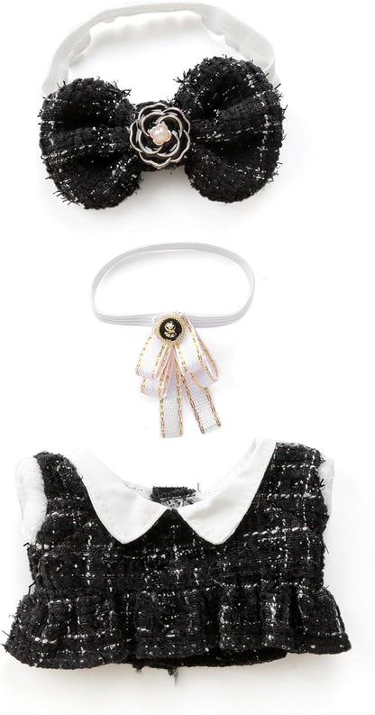 17cm Doll Clothes for labubu - Luxury Chic Style Set for 17cm Dolls, Premium Doll Outfit with Accessories - Black Plaid Tweed Dress + White Necktie + Plaid Bow (Clothes Only)
