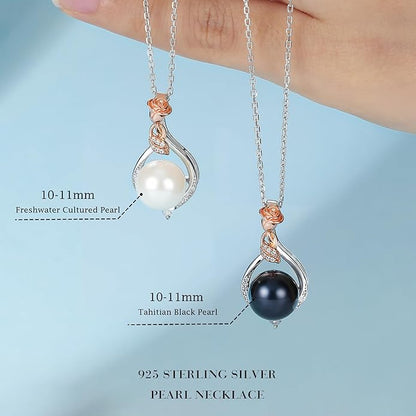 Iefil Valentines Gifts for Her Wife - 10-11mm Freshwater Pearl Necklace, Rose Flower Pearl Necklace, Anniversary Jewelry Gifts for Women Wife Mom Girlfriend Her, 925 Sterling Silver