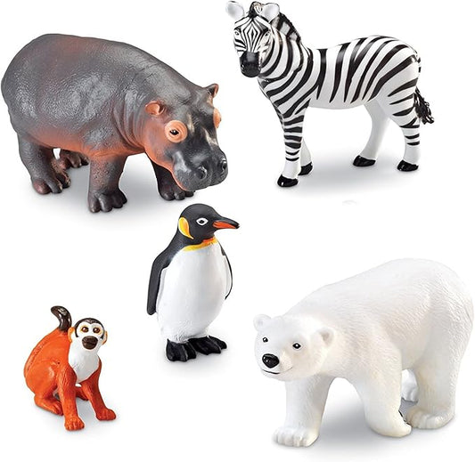 Learning Resources Jumbo Zoo Animals, Monkey, Penguin, Zebra, Polar Bear, and Hippo, Classroom Desk Pets, 5 Animals, Ages 2+
