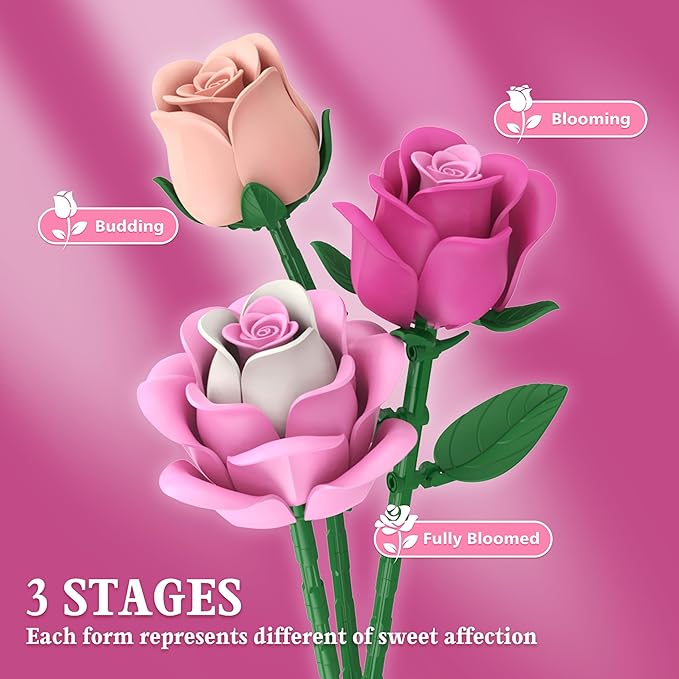 Pink Rose Bouquet Flowers Building Set, 834Pcs Roses Artificial Flowers Botanical Collection Compatible with Lego Flowers for Adults Valentines Day Gifts for Her Women Wife Girlfriend Mom