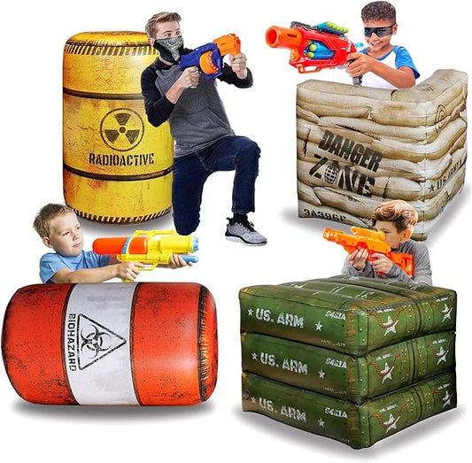Premium Package 4 Combat Battlefield Inflatables, Compatible with Nerf, Laser tag, Water Gun for Boys Birthday Party Activities and Decoration