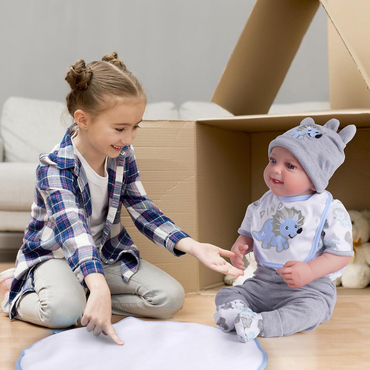 BABESIDE 6 Pcs Reborn Baby Doll Clothes for 17-22 Inch Babydolls, Dinosaurs Pattern Lifelike Reborn Baby Doll Accessories with Hat Bib and Socks for Realistic Baby Dolls Boy & Girl