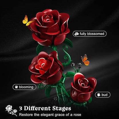 Flower Building Set with LED Light - 241 PCS Burgundy Red Rose Building Blocks Kit with Cover, Valentine's Day Gift for Her Grilfriend Wife 3.6MM Mini Botanical Collection Block Toy Home Decor