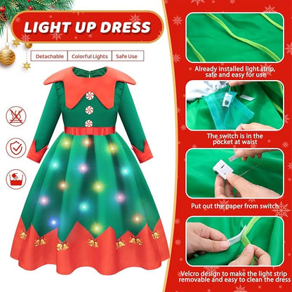 Meland Light Up Christmas Costumes for Girls with Elf Shoe Covers - Elf Outfit for Kids 4-12