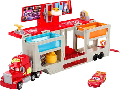 Mattel Disney and Pixar Cars Transforming Truck & Toy Car Playset, Color Changers Paint Shop Mack with Detachable Cab, Color Change Lightning McQueen & Accessories