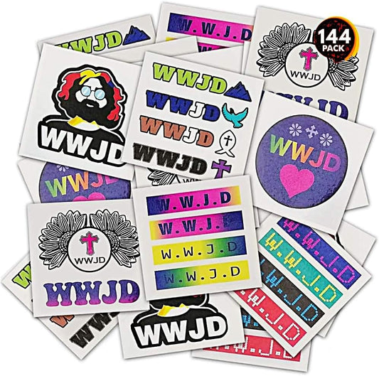 ArtCreativity What Would Jesus Do Temporary Tattoos for Kids - Bulk Pack of 144 Non-Toxic 2 Inch Pre-Cut Jesus Christian Tattoos Stickers - Christian Religious Birthday Party Favors and Goodie Bags