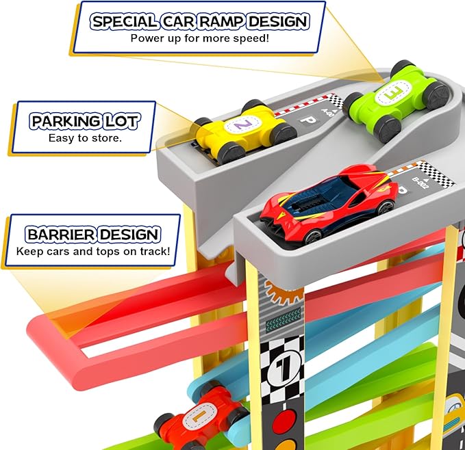 aotipol Montessori Toys for 2 3 Year Old Boy Girl, Car Ramp Toy Includes 12 Cars & 4 Spinning Tops, Race Car Track Toddler Toys for Age 2-4, Baby Boy Girl Kid Birthday Gift for 18+ Month, Hollow Track