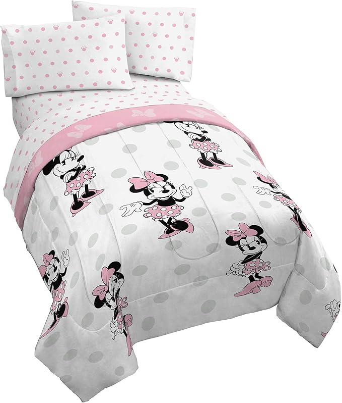 Jay Franco Disney Minnie Mouse Dots 4 Piece Twin Bed Set - Includes Reversible Comforter & Sheet Set Bedding - Super Soft Fade Resistant Microfiber (Official Disney Product)