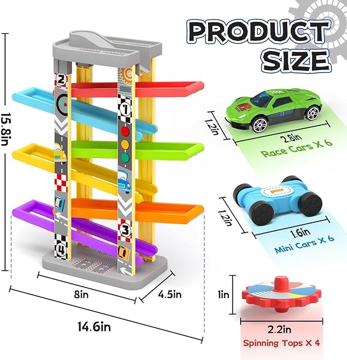 aotipol Montessori Toys for 2 3 Year Old Boy Girl, Car Ramp Toy Includes 12 Cars & 4 Spinning Tops, Race Car Track Toddler Toys for Age 2-4, Baby Boy Girl Kid Birthday Gift for 18+ Month, Hollow Track
