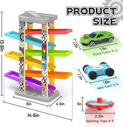 aotipol Montessori Toys for 2 3 Year Old Boy Girl, Car Ramp Toy Includes 12 Cars & 4 Spinning Tops, Race Car Track Toddler Toys for Age 2-4, Baby Boy Girl Kid Birthday Gift for 18+ Month, Hollow Track